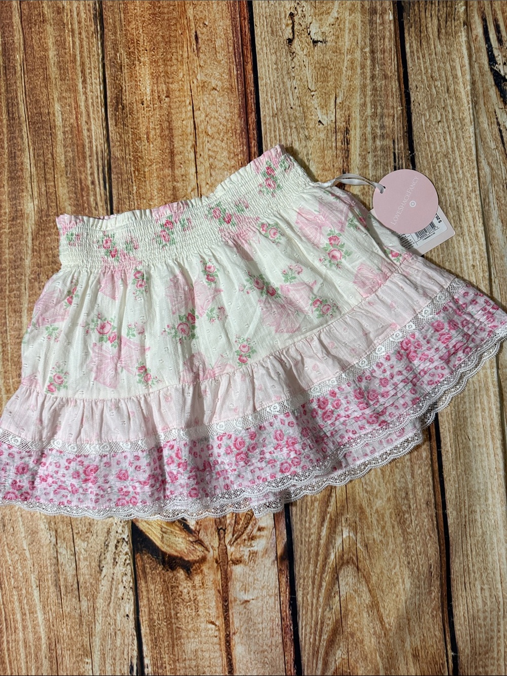 NWT LoveShackFancy x Target Pink Floral Tiered Mini Skirt Lace Smocked